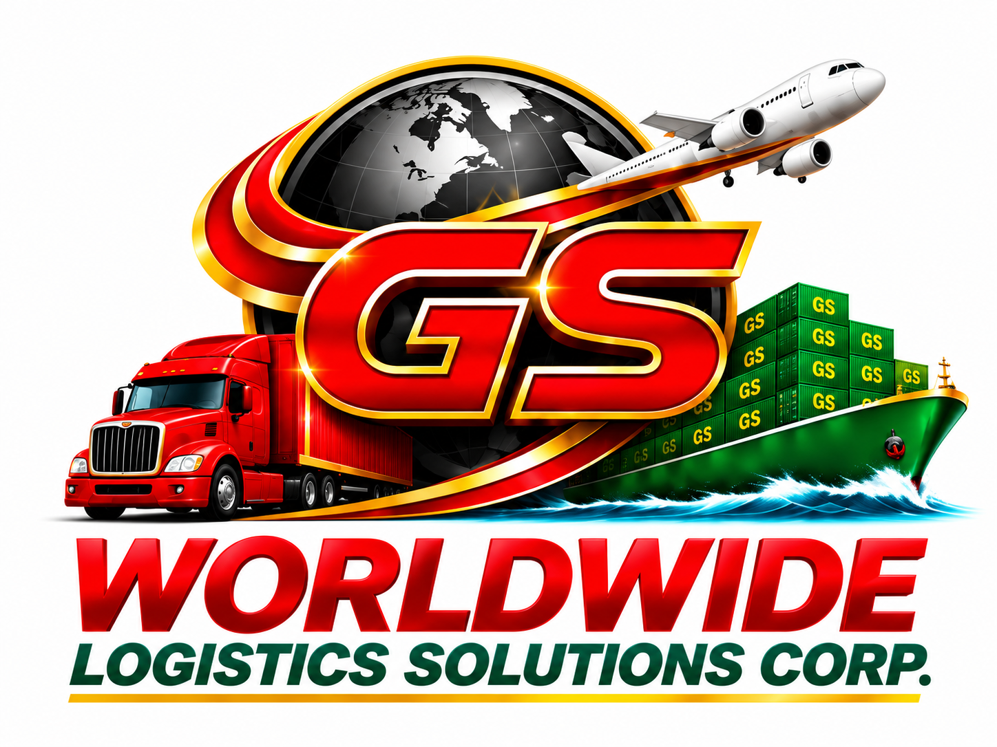 GS Worldwide globe, aircraft, truck and cargo ship branding
